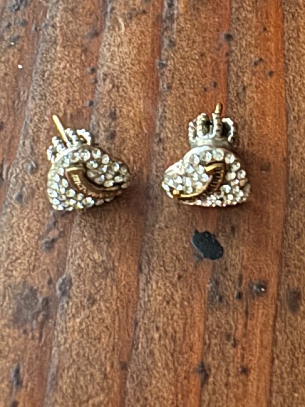Juicy Couture Y2K Pave Crystal Heart Logo Stud Earrings Gold Tone